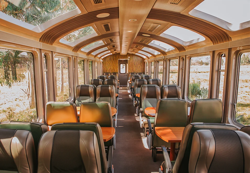 Tren PeruRail Vistadome con vistas panorámicas a Machu Picchu